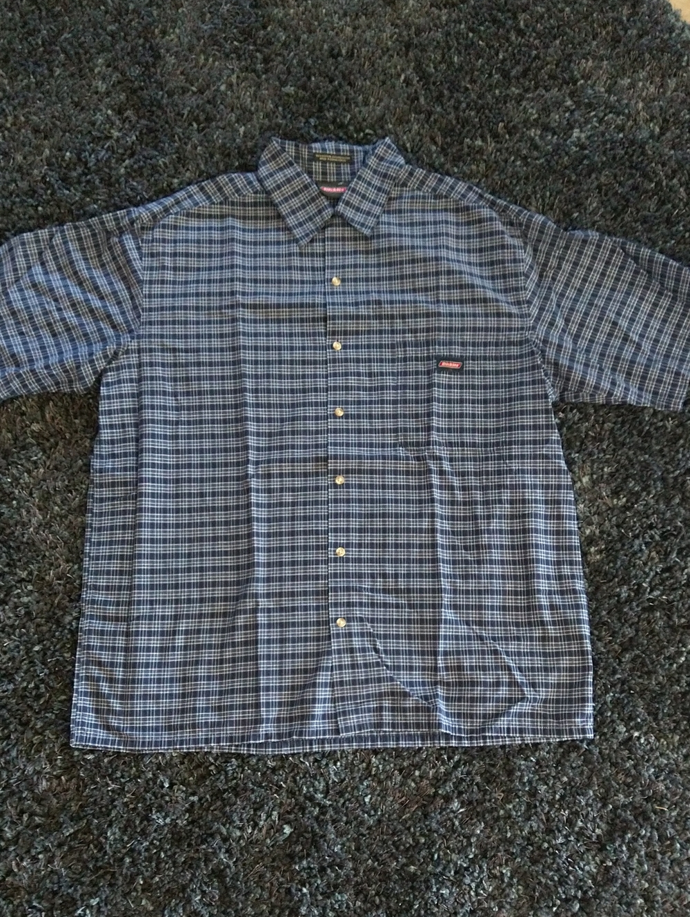 Dickies Navy and Light Blue Plaid Short-Sleeve Button-Down Shirt